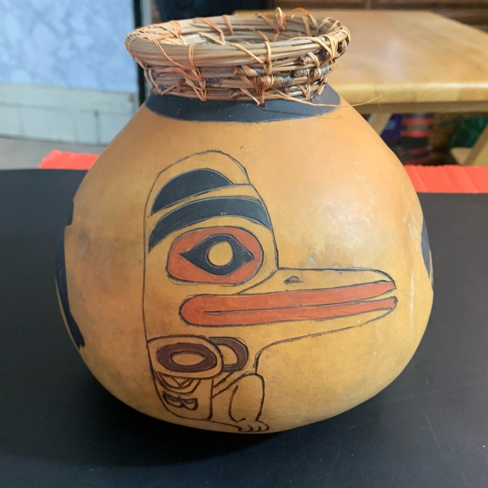 Jean Stark Hand Painted Gourd Art Handcrafted Tribal Design Vase - 20th Century?